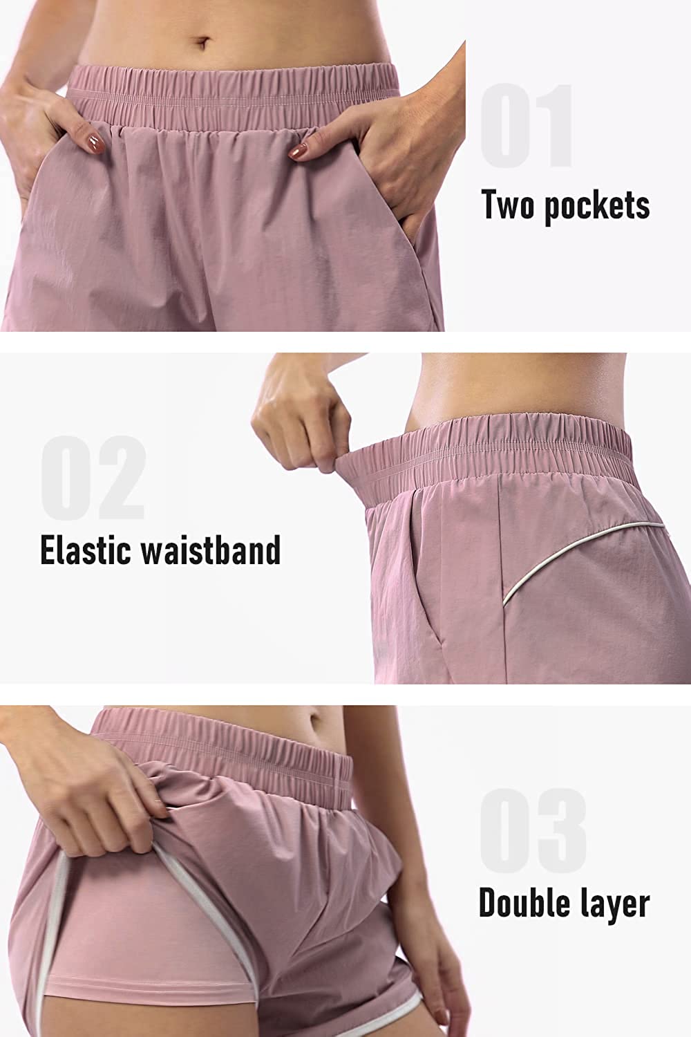 BLEVONH Women Elastic Waist Double Layer Casual Running Shorts with Side Pockets - Image 3